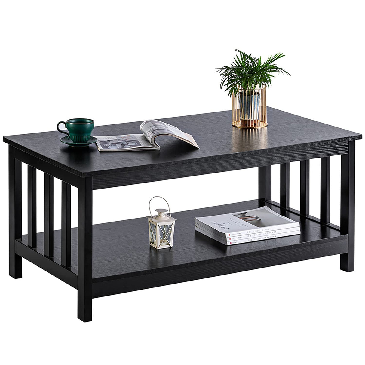 Mission Coffee Table, Black Wood Living Room Table with Shelf, 40 Black