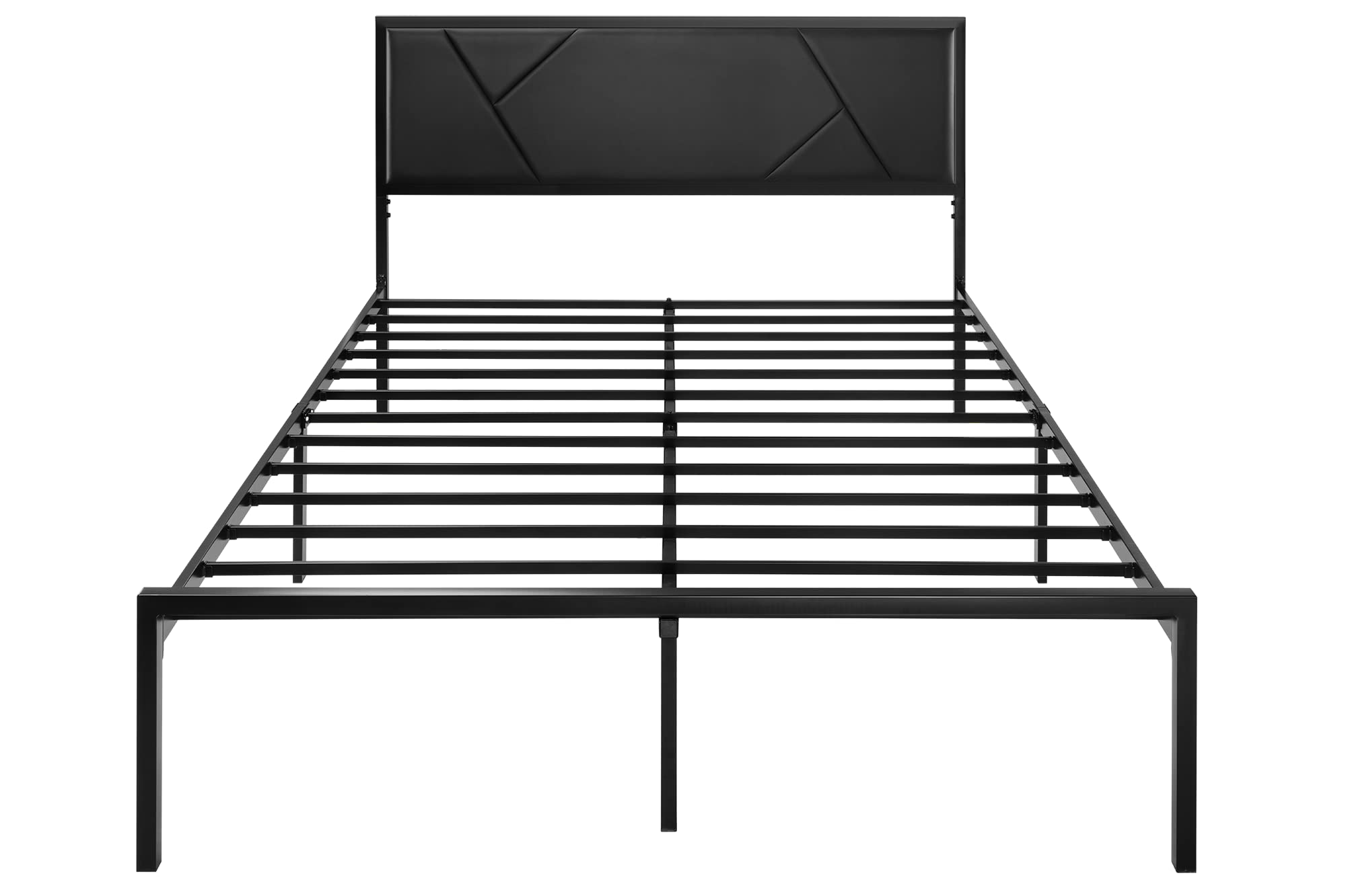 SHA CERLIN Modern Queen Size Metal Bed Frame with Litchi Grain Leather Upholstered Headboard, No Box Spring Needed, 12.4" Underbed Storage, Black