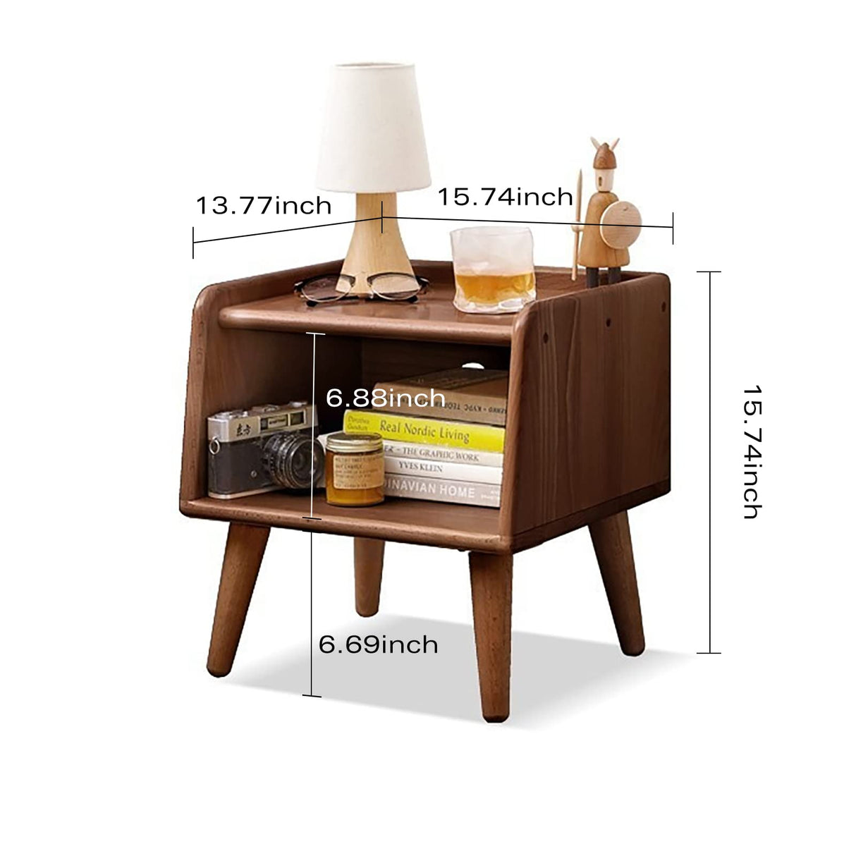 Short Nightstand - 100% Solid Wood Nightstand with Open Storage, Elegant Mid Century