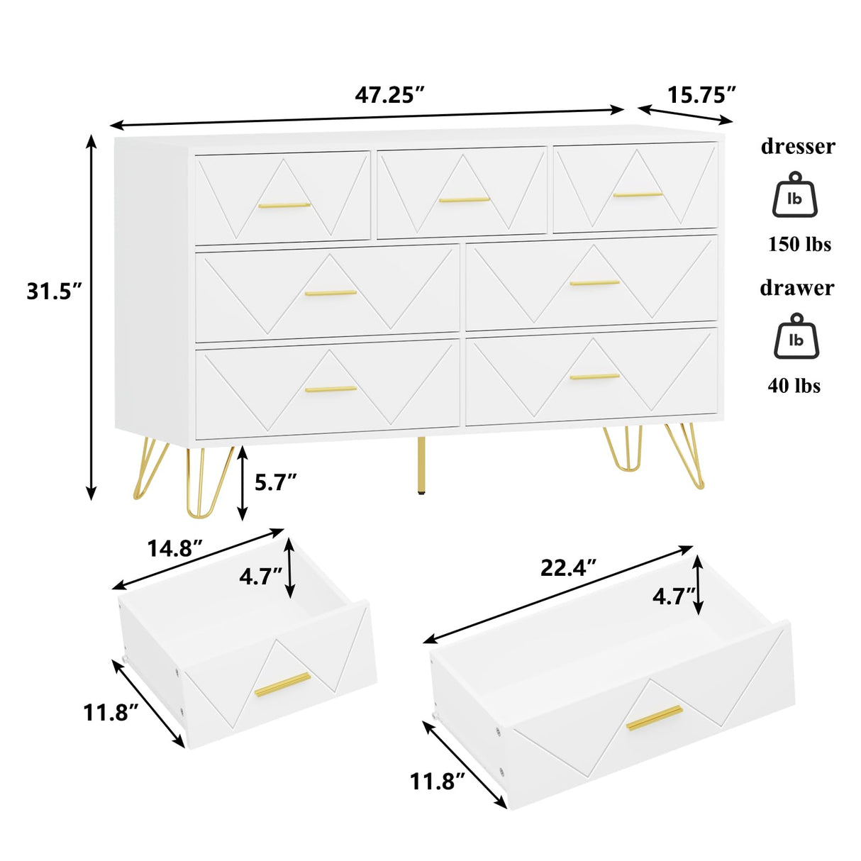 7 Drawers Dresser for Bedroom, White Dresser with Golden Legs & Handles