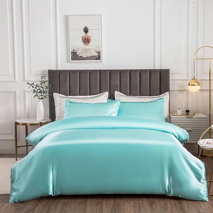 Hotel Green Duvet Cover Set Queen Silk Like Satin Bedding Set Summer Reversible