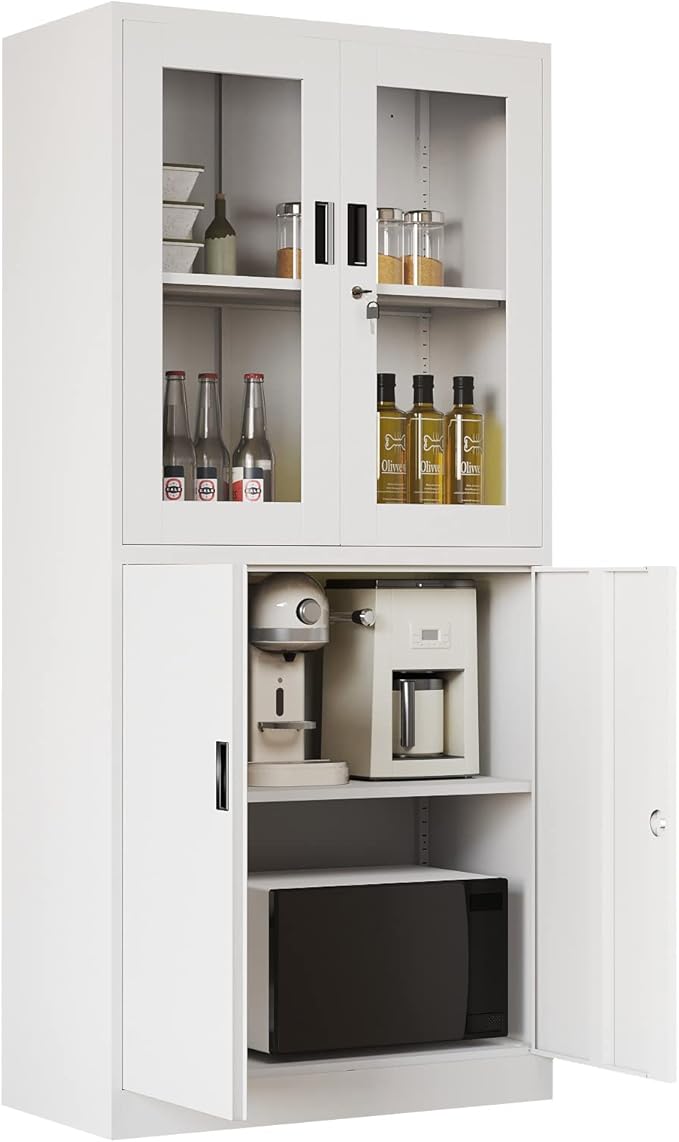 Metal Storage Cabinet with Glass Doors - 71" Locking Display Cabinet