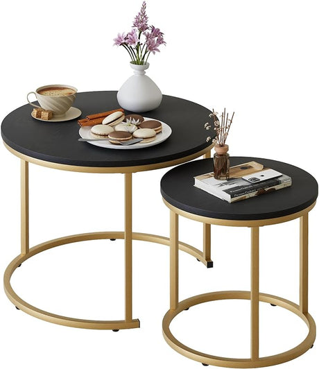 Round Coffee Table Set of 2 Modern Nesting Golden Frame Circular