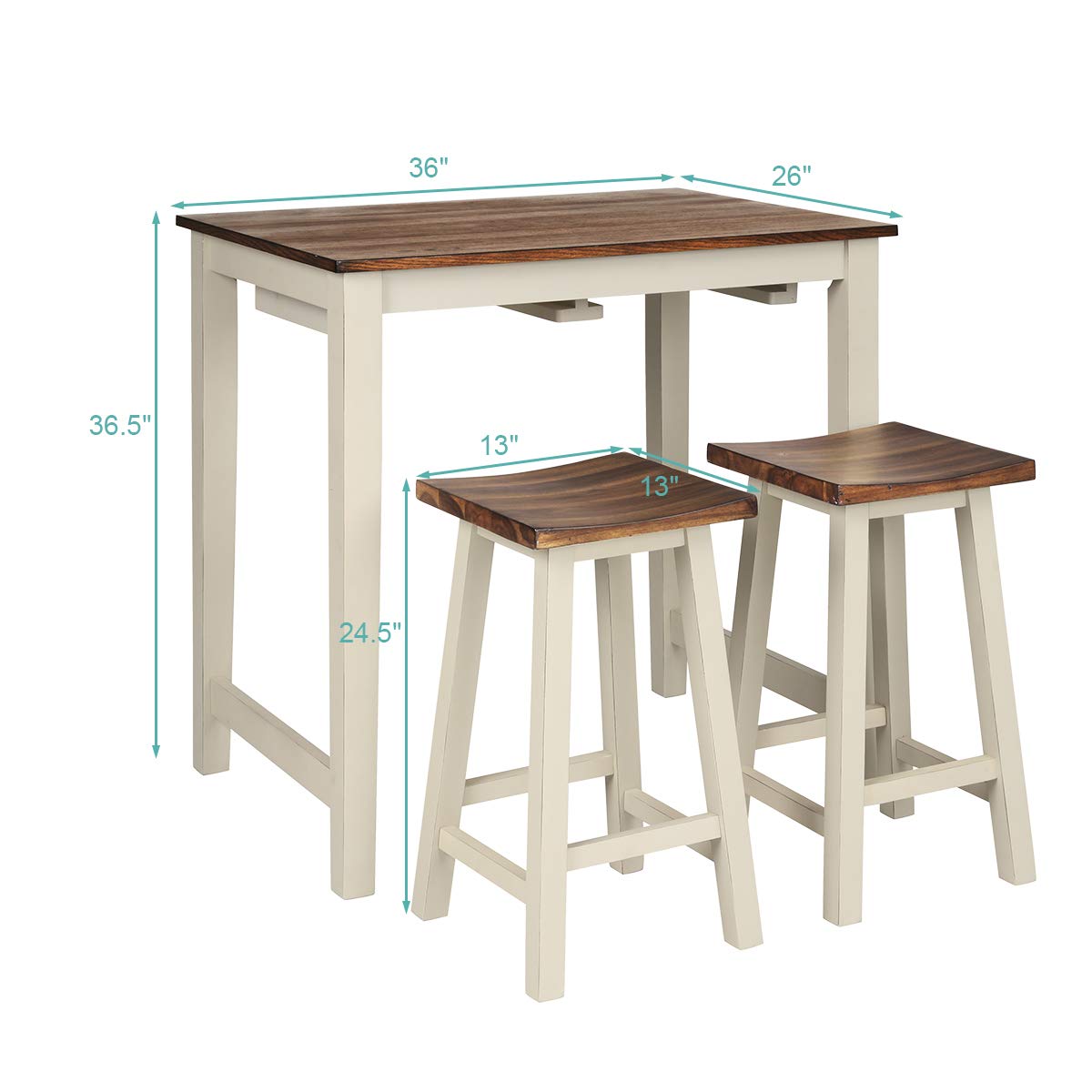 FFlyer Bar Table Set, 3 Piece Counter Height Breakfast Table with 2 Saddle Bar Stools