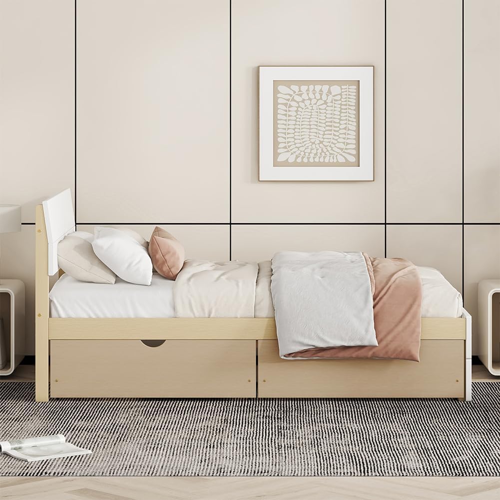 Bed Frame, with 2 Drawers, White High Gloss Headboard Footboard, No Spring Box Needed,