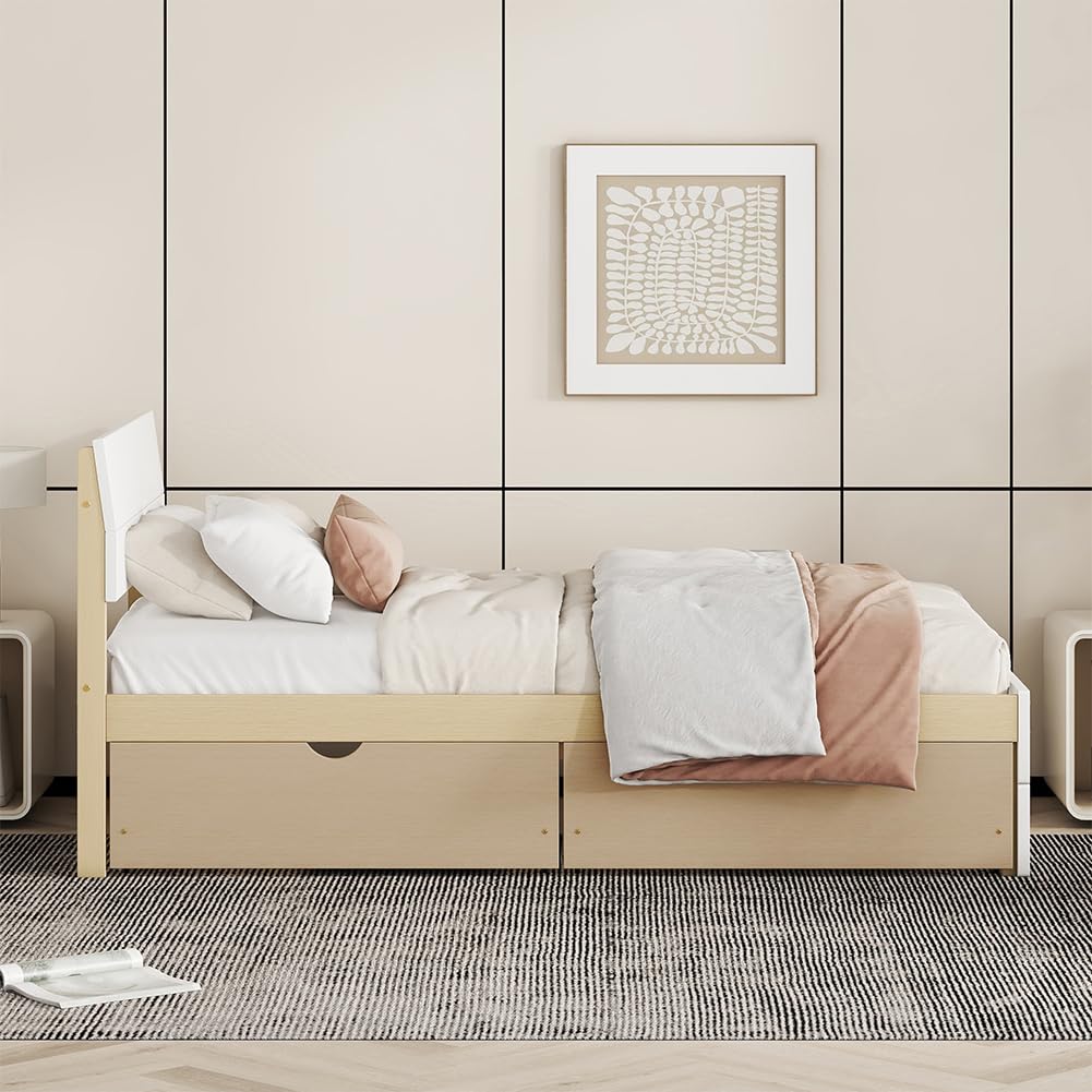 Bed Frame, with 2 Drawers, White High Gloss Headboard Footboard, No Spring Box Needed,