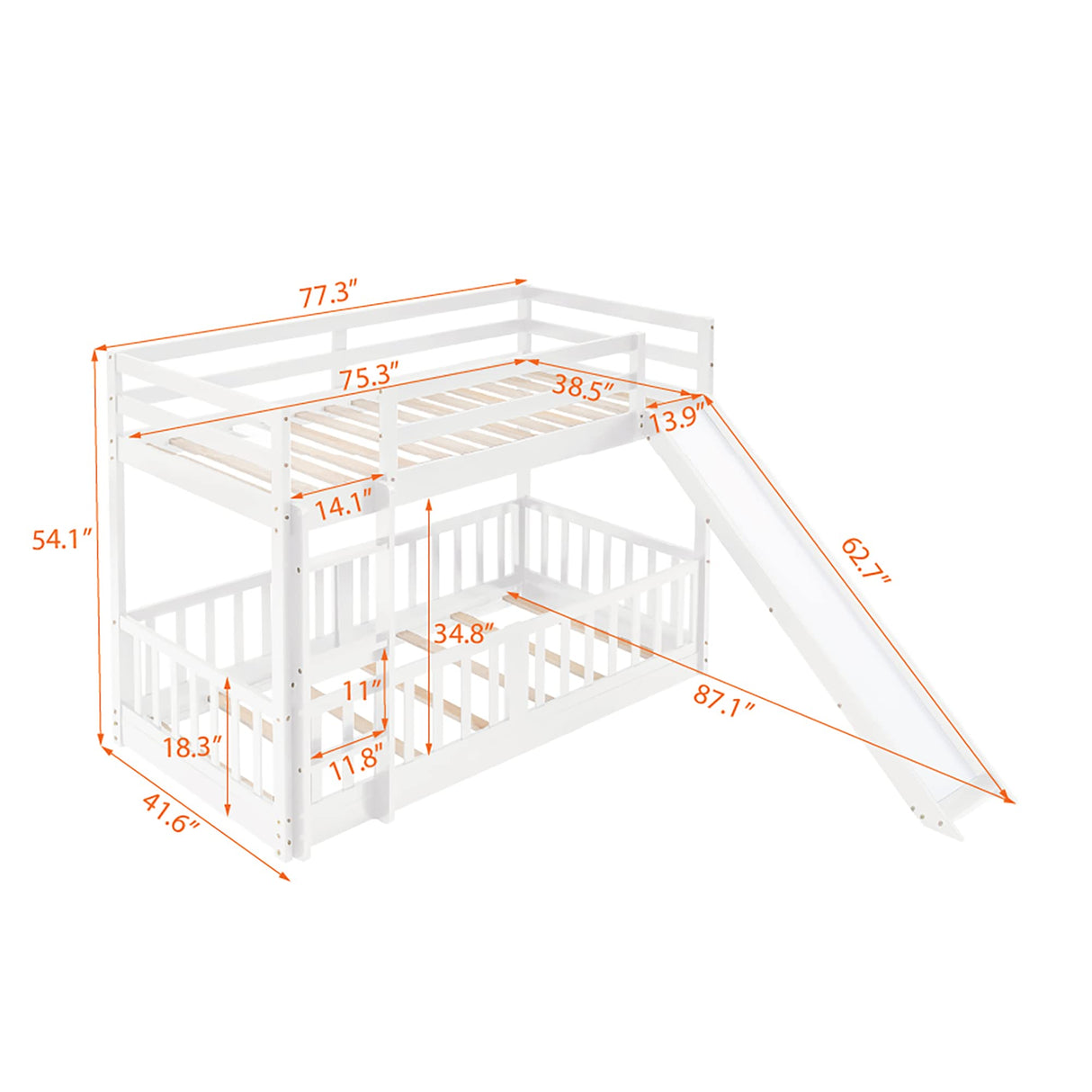 Toddler Floor Bed with Fence, Low Bunk Bed Twin Over Twin for Boys Girls, Wood Bed