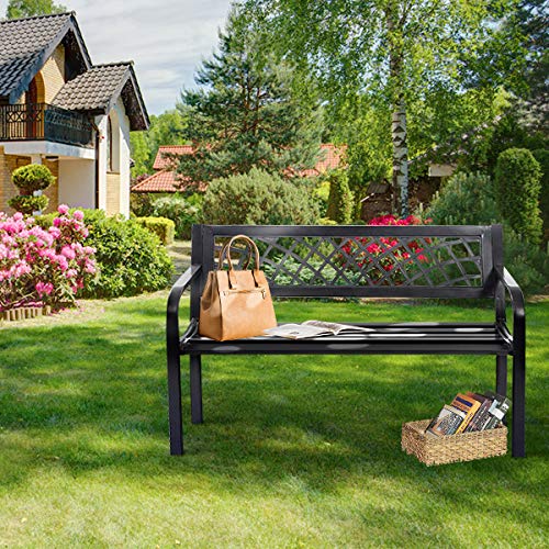 Outdoor Bench, Garden Bench with Iron Steel Frame, PVC Backrest, Mesh Pattern