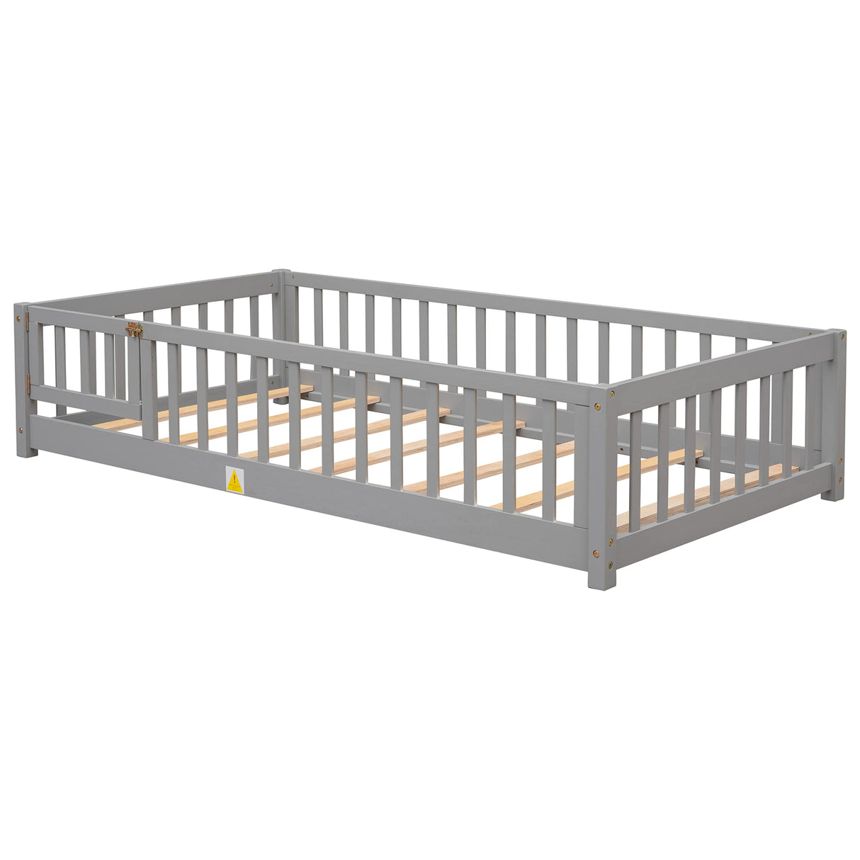 Platform Bed with Fence, Wooden Playpen Bed for Kids, Kids Fence Bed with Door, No Box Spring Needed (Grey)