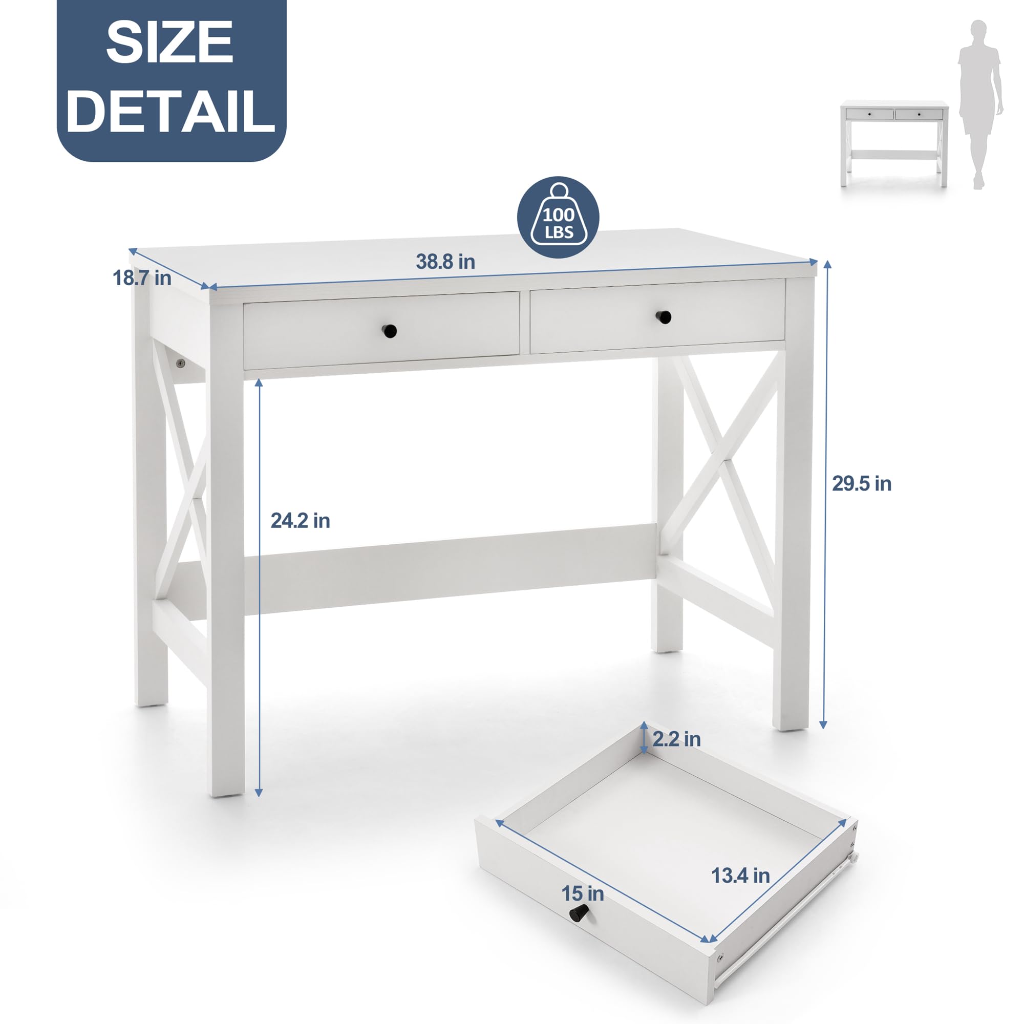 White Office Computer Desk with 2 Drawers - Small Writing Desk