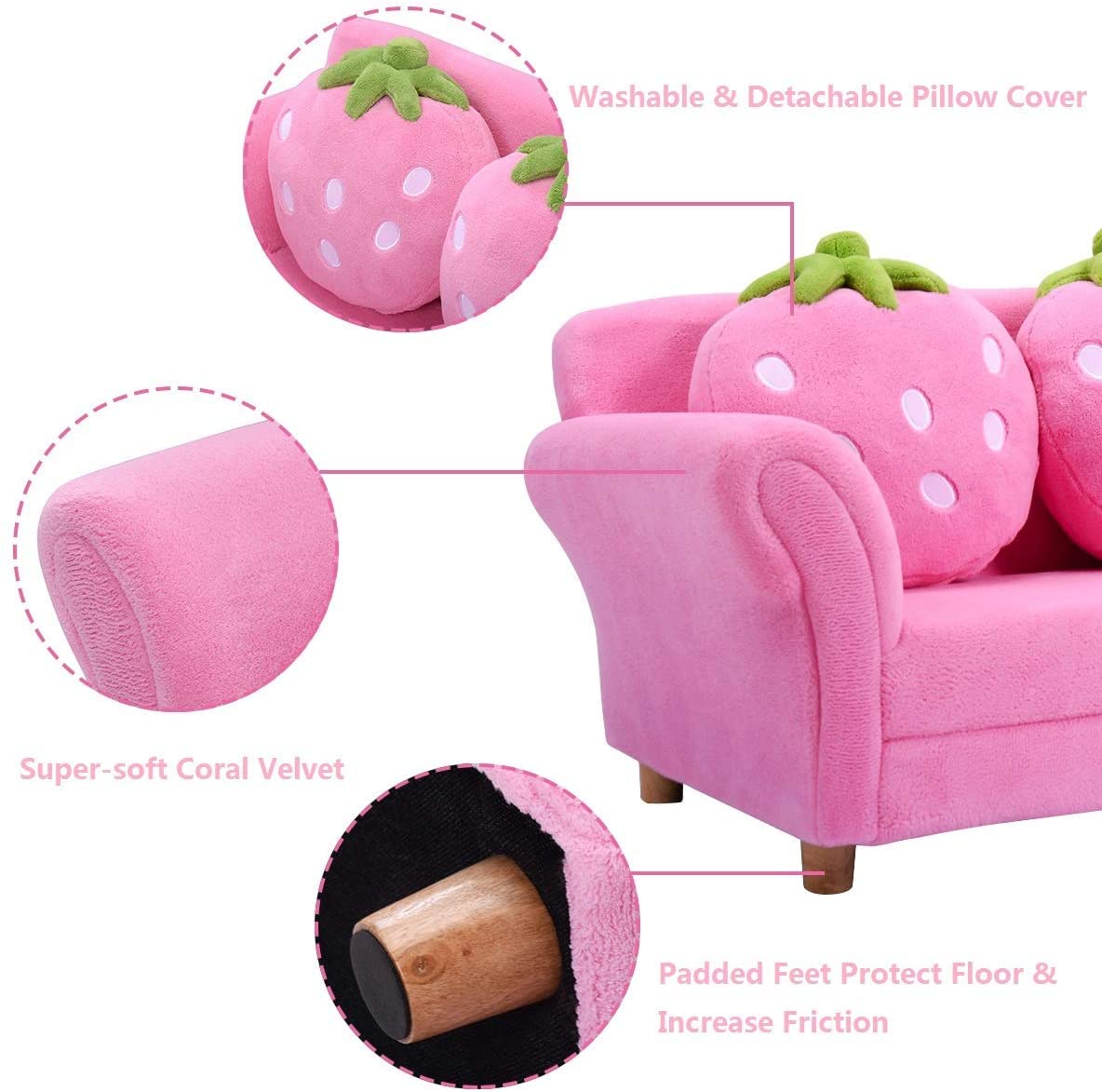 Upholstered Toddler Couch Chair with Ergonomic Back & 2 Strawberry Pillows, Double Seat Toddler Armchair for Boys Girls