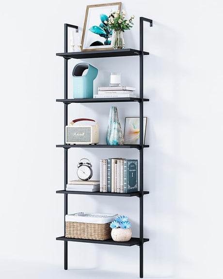 Ladder Shelf, 5 Tier Black Bookshelf, 72 Inch Wall Mounted Book Shelf with Metal Frame