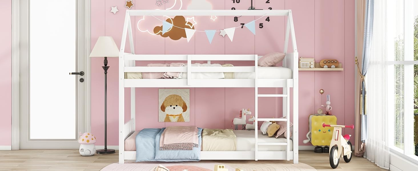 Twin Over Twin House Floor Bunk Bed, Wooden Bunk Bed with Headboards, Footboards, Guardrails and Ladder, Space-Saving Design, Safety Guaranteed, White