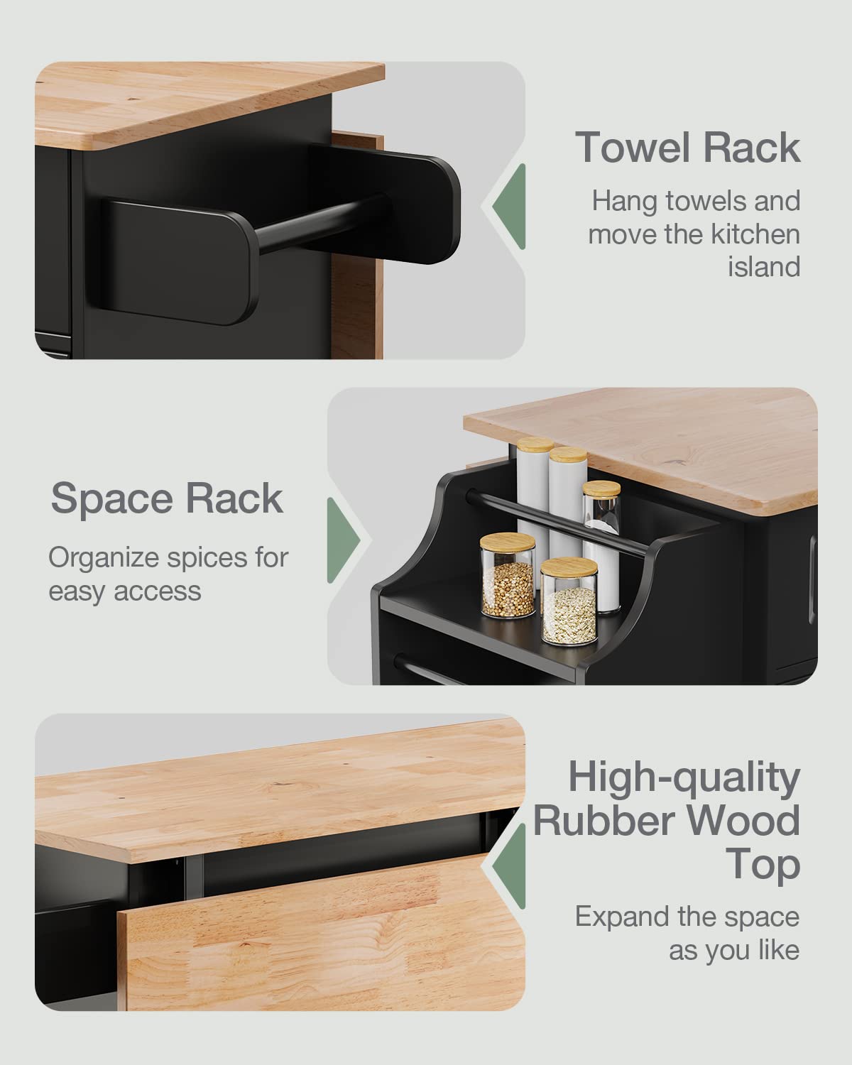 Kitchen Island with Storage, Kitchen Cart on 5 Universal Wheels