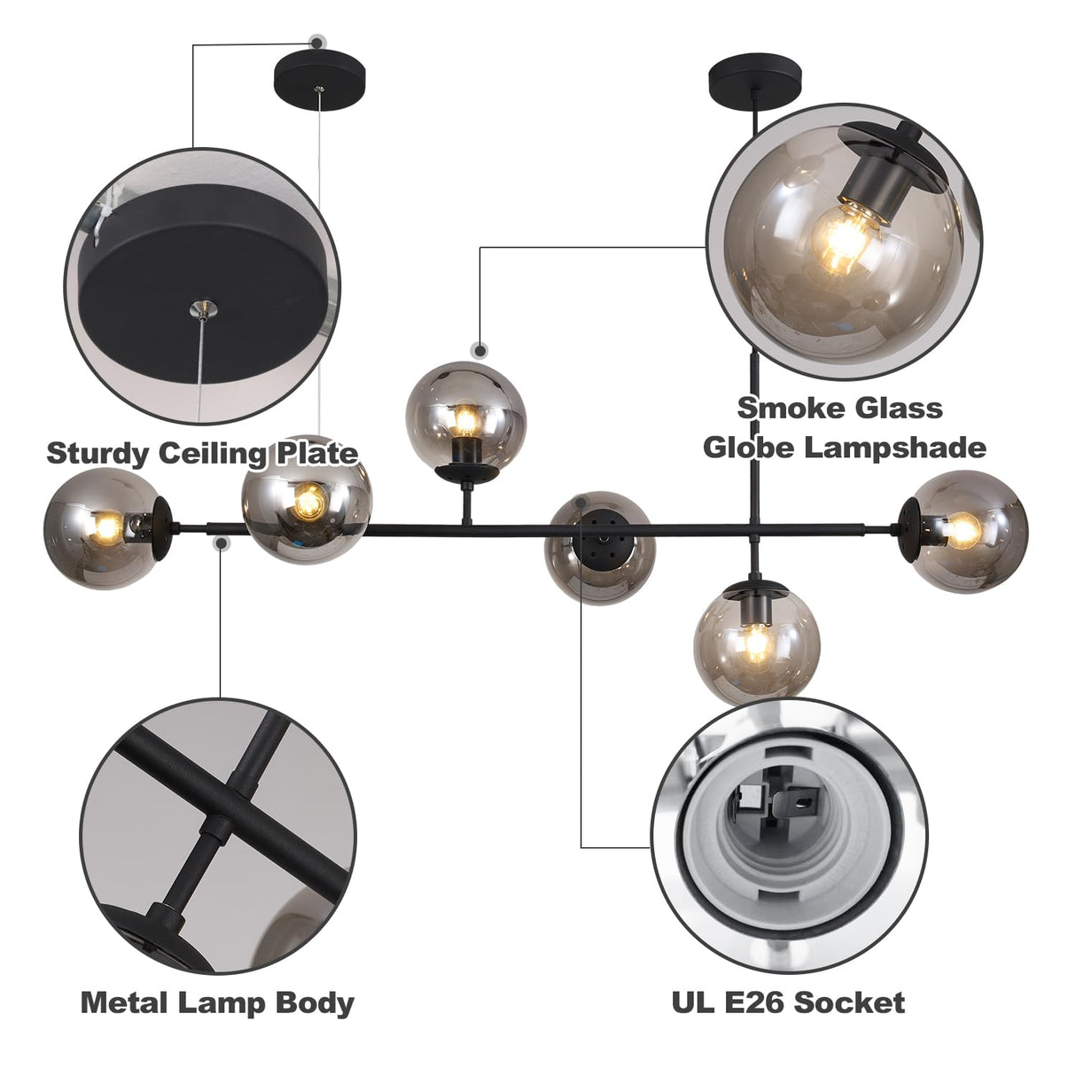 Lighting 6-Light Mid Century Modern Rectangle Sputnik Chandelier