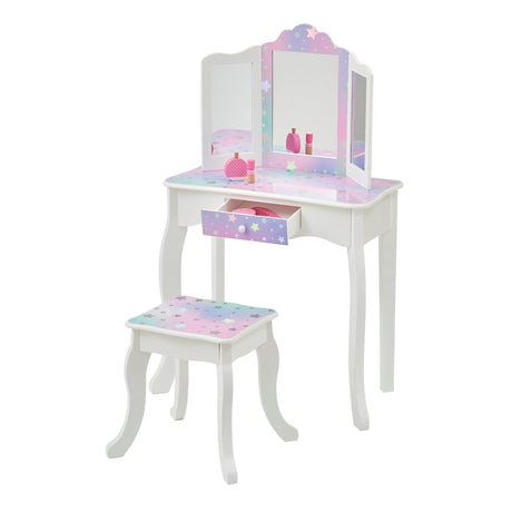 Princess Gisele Starry Sky Print 2-Piece Kids Wooden Play Vanity Set with Vanity Table