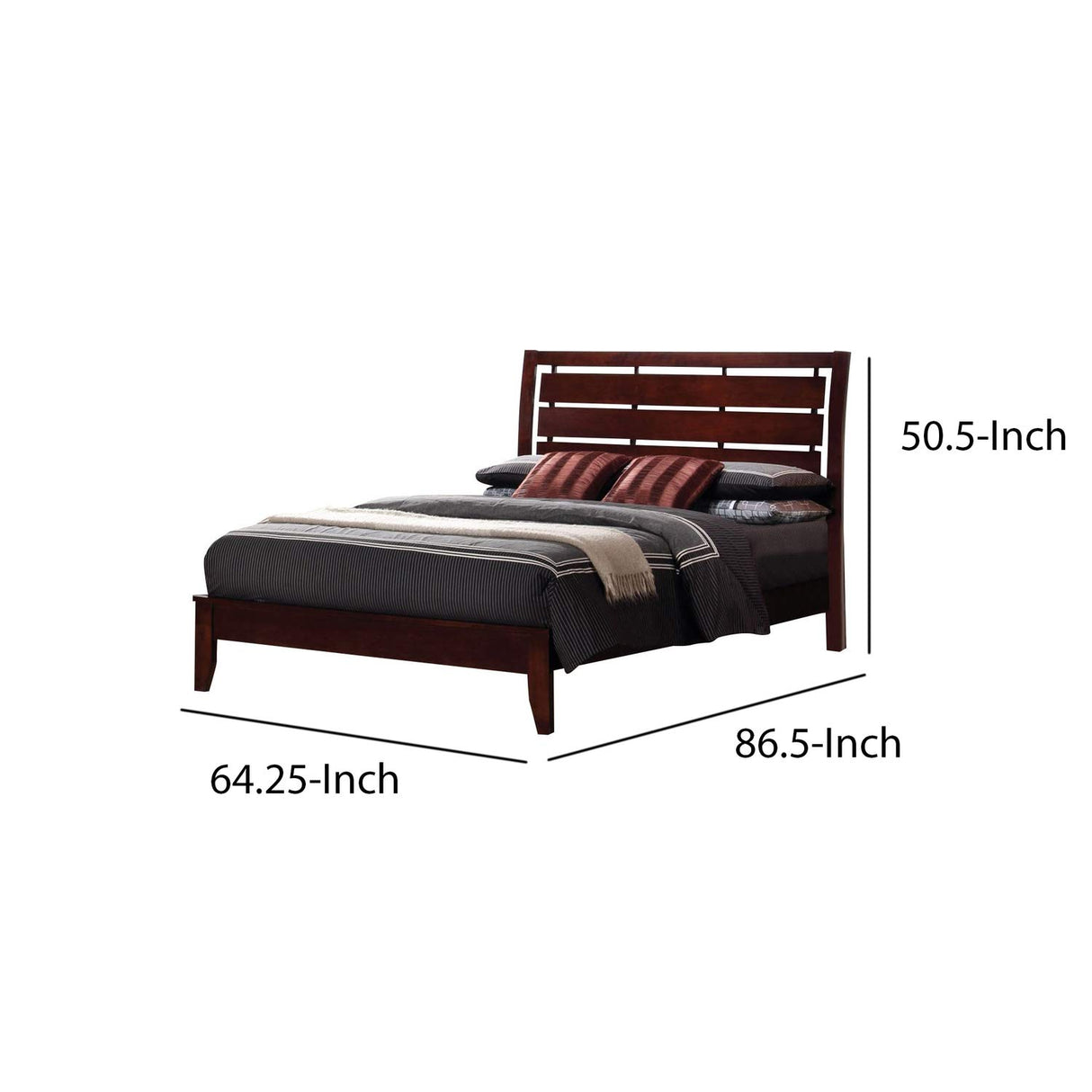 Queen Transitional Wooden Size Bed with Slatted Style Headboard, Brown