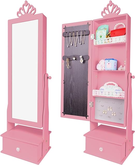 Kids Jewelry Armoire Cabinet, Jewelry Organizer with Standing Full-Length Mirror
