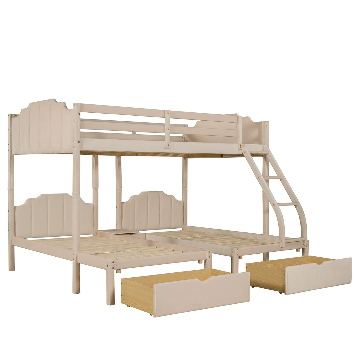 Twin Bunk Bed with Storage Drawers Velvet Upholstered 3 Beds Bunk Bed for Adults Kids Teens Boys Girls, Beige