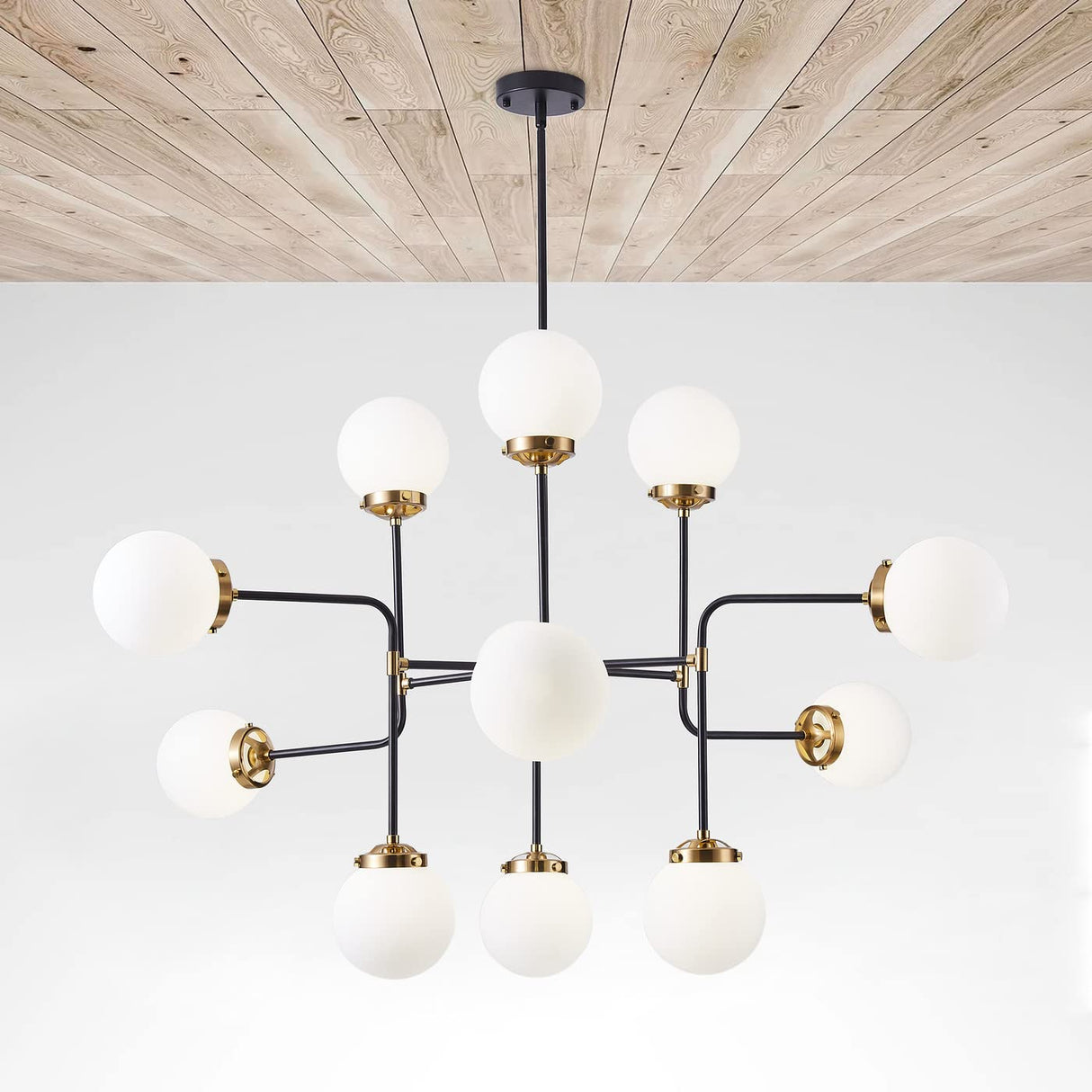 Light Fixture 12-Light Modern Black Gold Finish Chandelier Milk White Glass Globes Linear