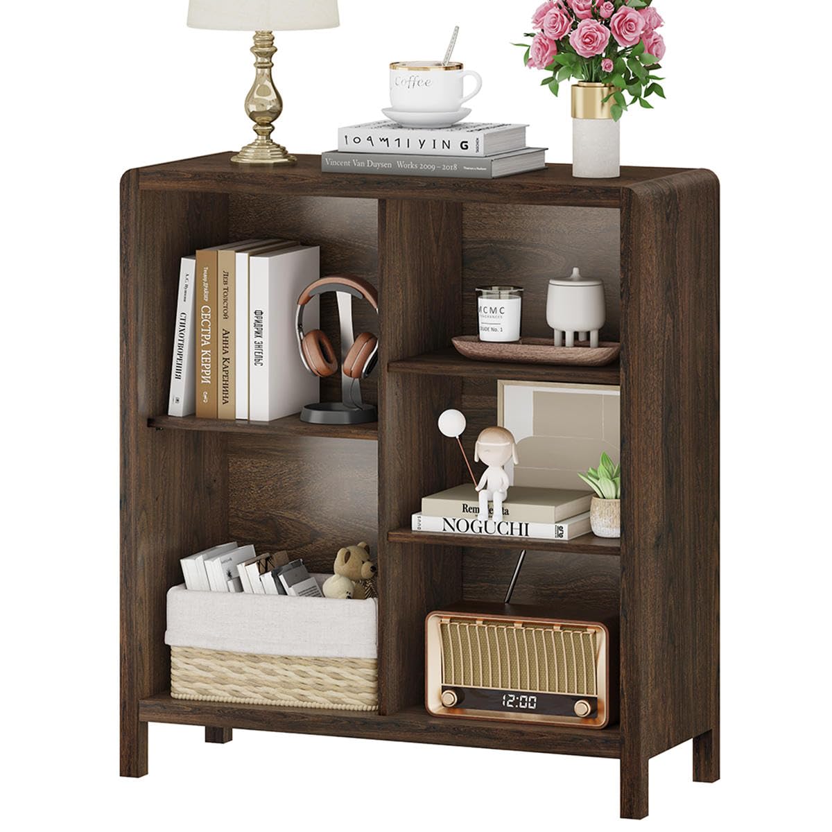 5 Cube Bookshelf, Wood Bookcase with 3 Adjustable Shelves