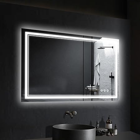 Motion Sensor LED Bathroom Mirror 40" x 32", Black Frame, Front and Backlight, Shatter