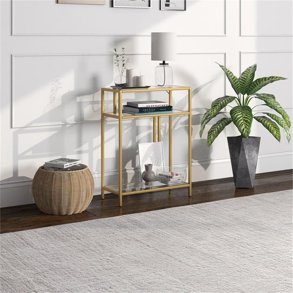 22" Wide Rectangular Console Table with Glass Shelves in Brass, Entryway Table