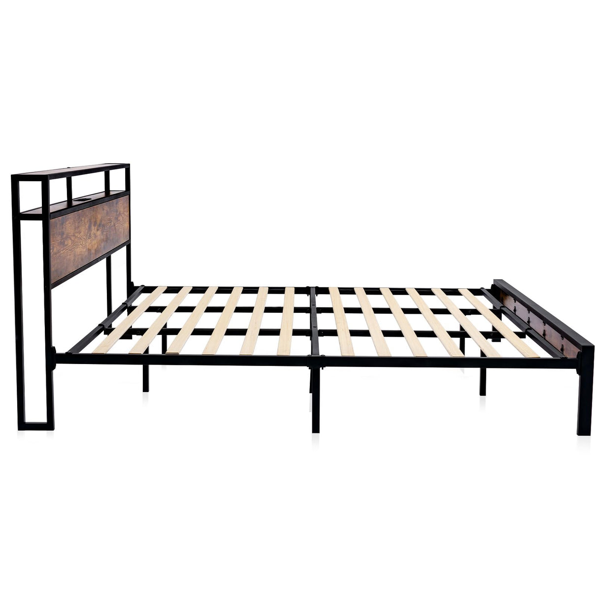 LoVinson Queen Size Bed Frame with LED Lights, 2-Tier Storage Headboard with Charging Station, Wood Slat Support, No Box Spring Needed, Noise Free, Easy Assembly, Rustic Brown