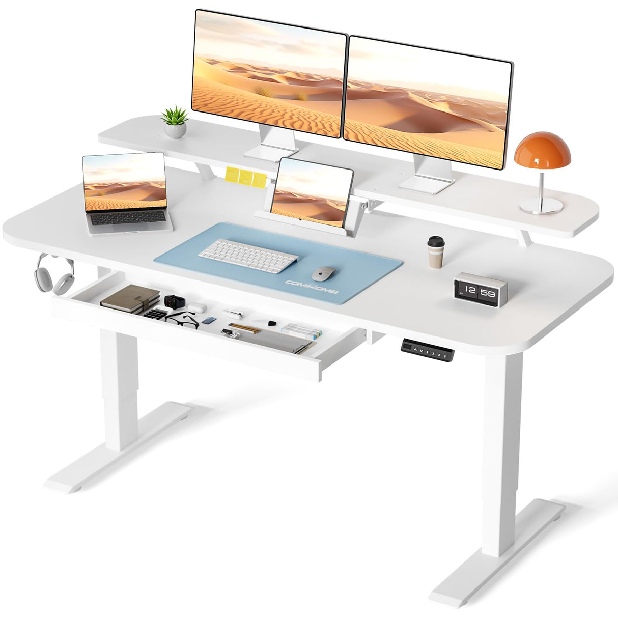 Electric Standing Desk with Drawers, 48 x 24'' Sit Stand up Desk with Monitor Stand