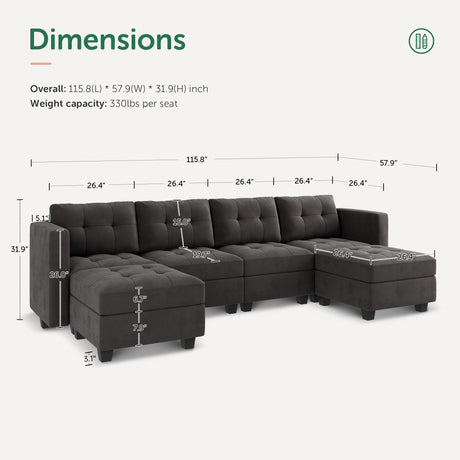 Modular Sectional Sofa with Storage Velvet U Shaped Couch with Reversible Chaises