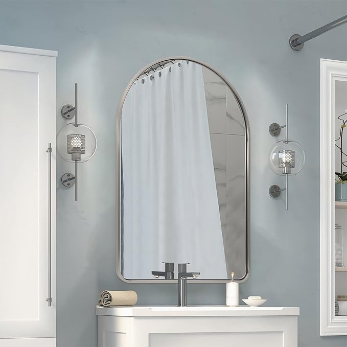 Brushed Nickel Arched Mirror, 24x36’’ Arched Bathroom Mirror, Arch Wall Mirror