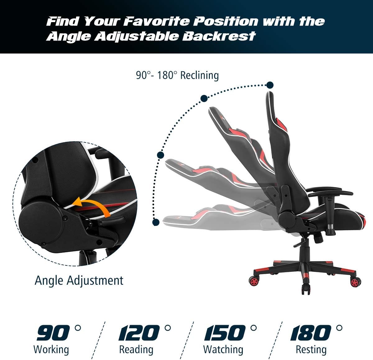 Ergonomic Gaming Chair with Massage Lumbar Support - Red PU Leather