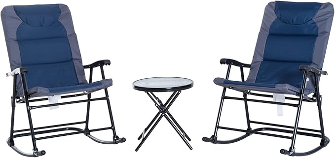3 Piece Outdoor Patio Furniture Set with Glass Coffee Table & 2 Folding Padded Rocking