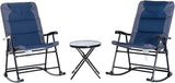 3 Piece Outdoor Patio Furniture Set with Glass Coffee Table & 2 Folding Padded Rocking