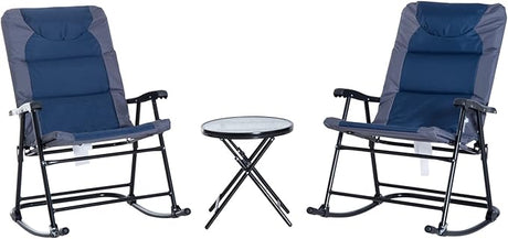 3 Piece Outdoor Patio Furniture Set with Glass Coffee Table & 2 Folding Padded Rocking