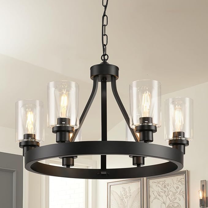 36 Inch Black Wagon Wheel Chandelier with Glass Shade