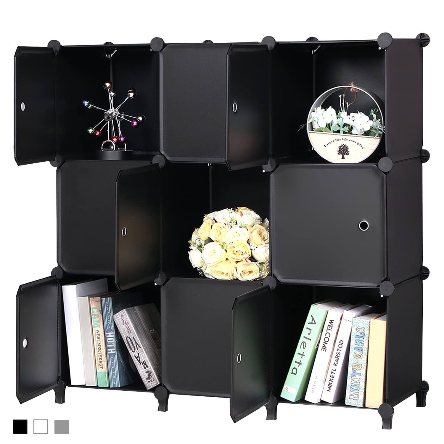 Cube Storage Organizer with Doors 9-Cube Modular DIY Book Shelf with Doors, Cube Storage Shelf, Plastic Storage Cubbies Cabinet for Living Room Bedroom Office 36.8"x12.4"x49.8" Black ULCS09BM