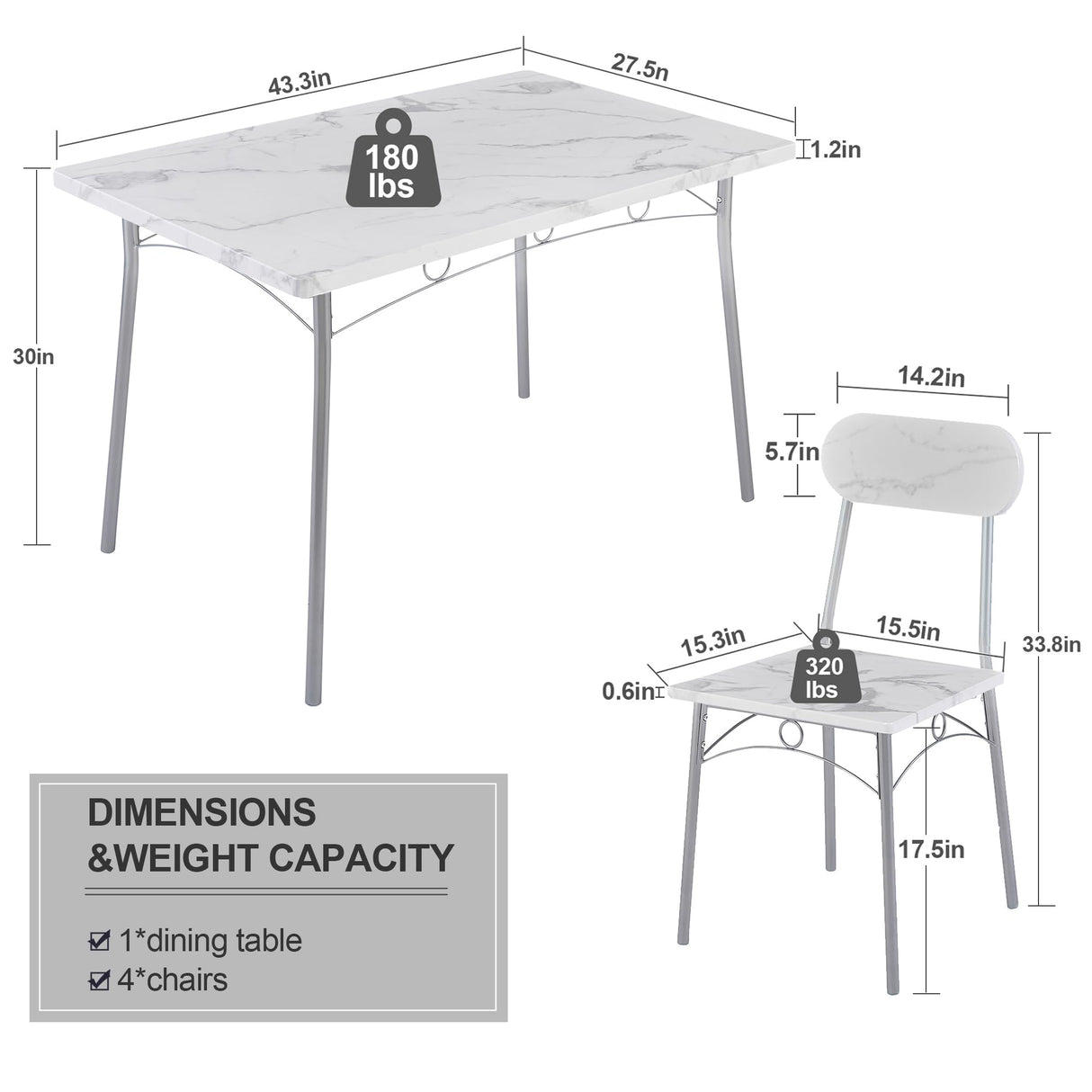 Dining Table Set for 4 5 Piece Dinette with Chairs for Kitchen