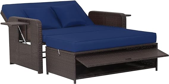 Patio Rattan Daybed, Patiojoy Wicker Loveseat Sofa w/Multipurpose Ottoman