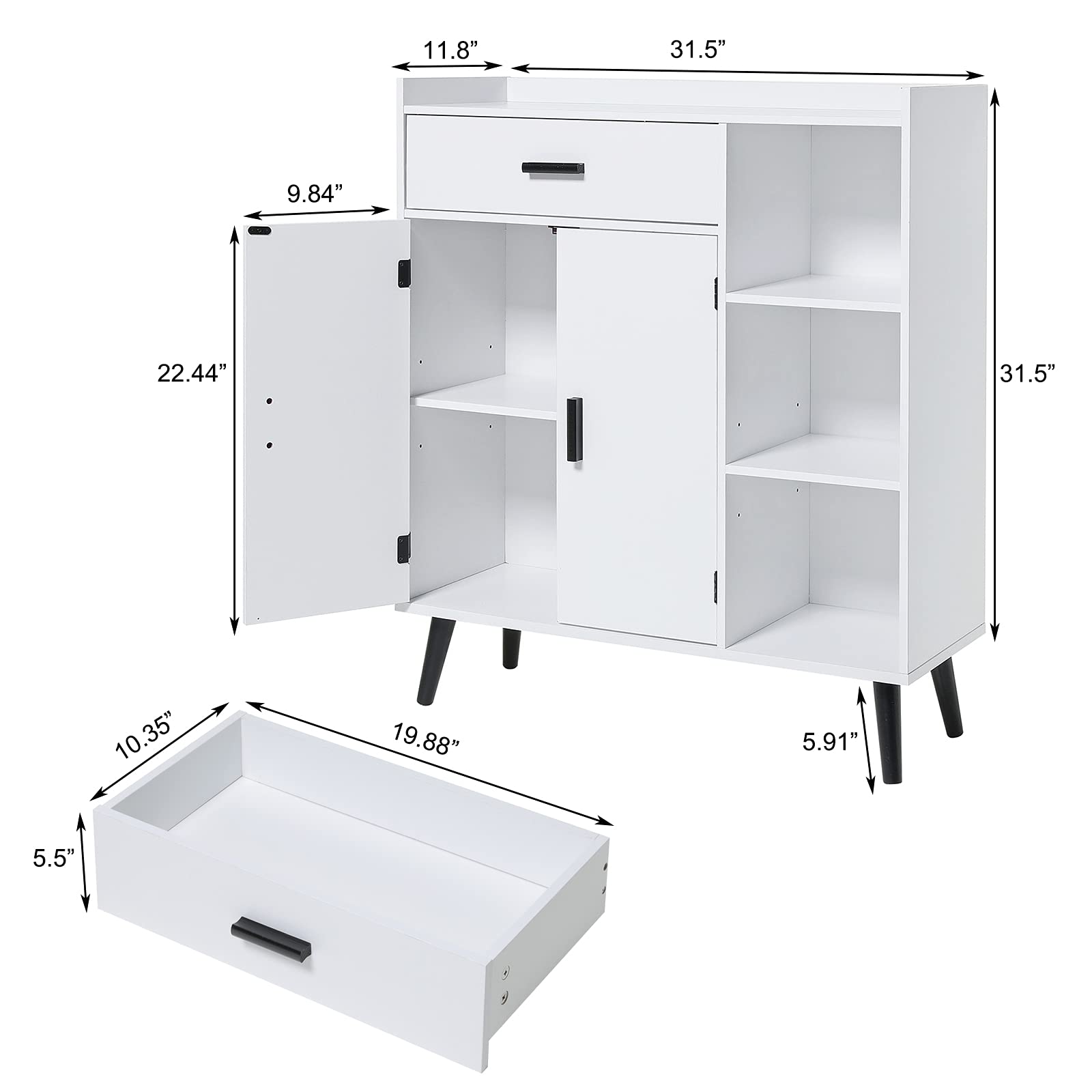 Storage Cabinet, Floor Storage Cabinet with 1 Large Space, 2 Doors & 3 Shelves,