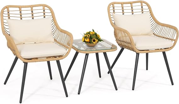 3 Piece Patio Bistro Set, Outdoor Wicker Conversation Chair