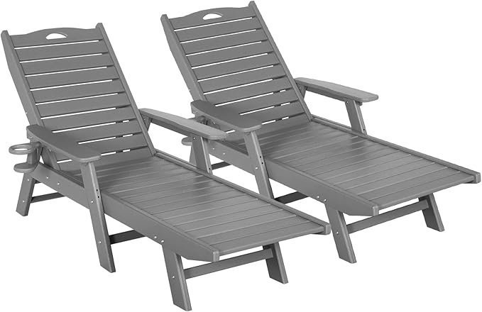 Outdoor Chaise Lounge Chair Set of 2 with Wheels & Cup Holder