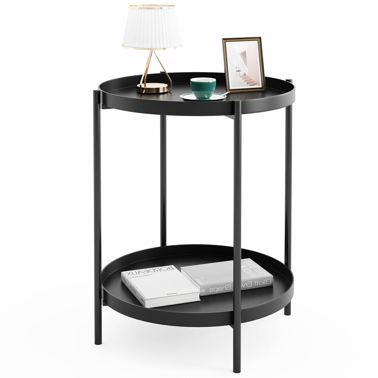 Black Round End Table, Small Metal Side Table with Removable Tray