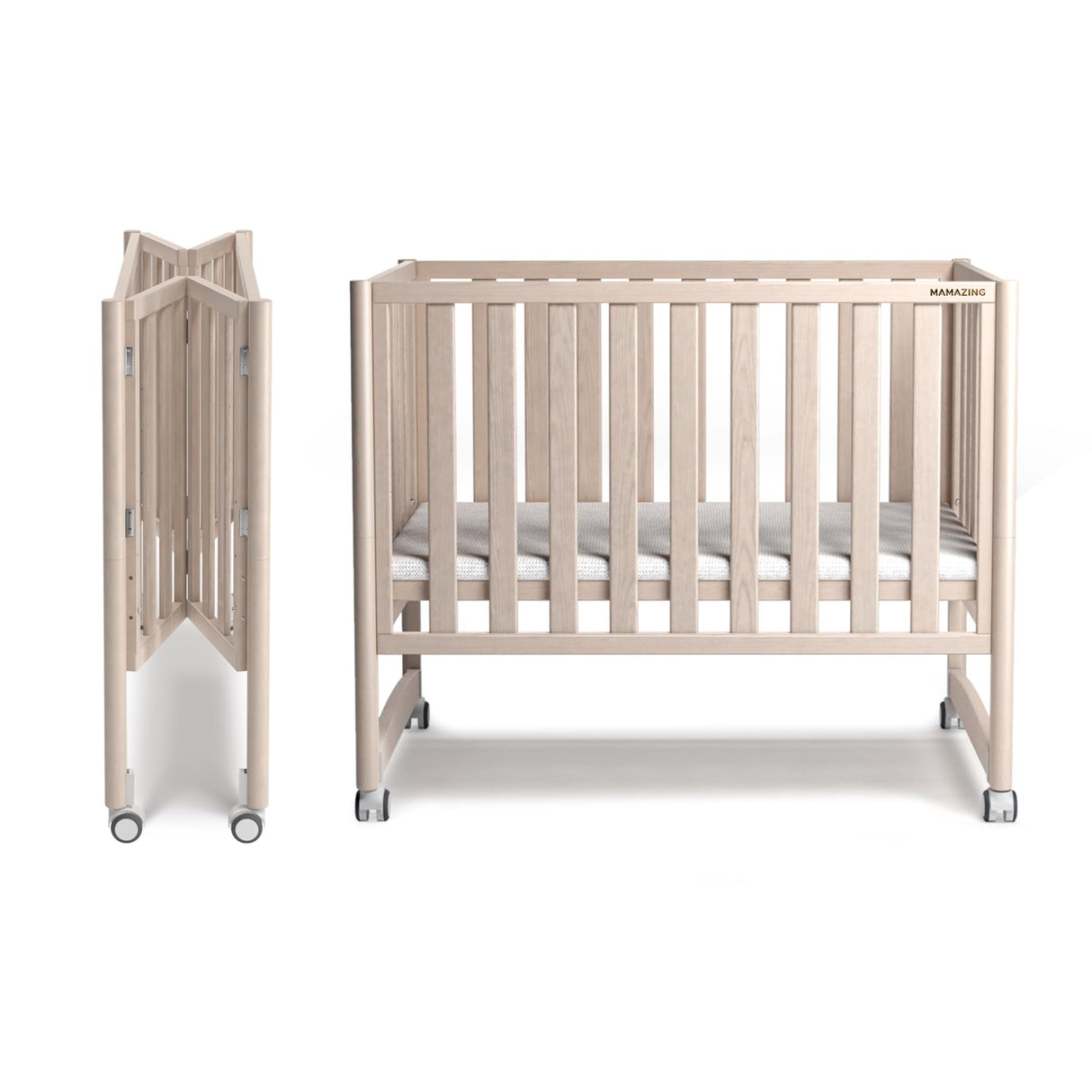 MAMAZING EvoNook 7-in-1 Convertible Mini Crib - Easy Assembly, Portable Folding Baby Mini Crib with Mattress, 100% New Zealand Pinewood, 4 Adjustable Mattress Heights, Washed White