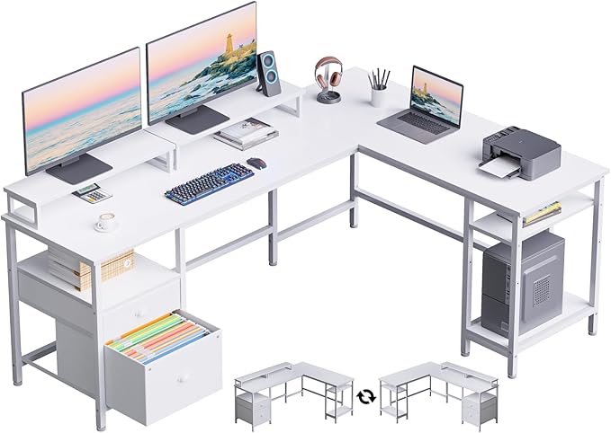 White 66" L Shaped Desk with Shelves, Reversible Corner Computer Desk with File Drawer & Dual Monitor Stand, Large Home Office Desk Writing Study Gaming Table Workstation