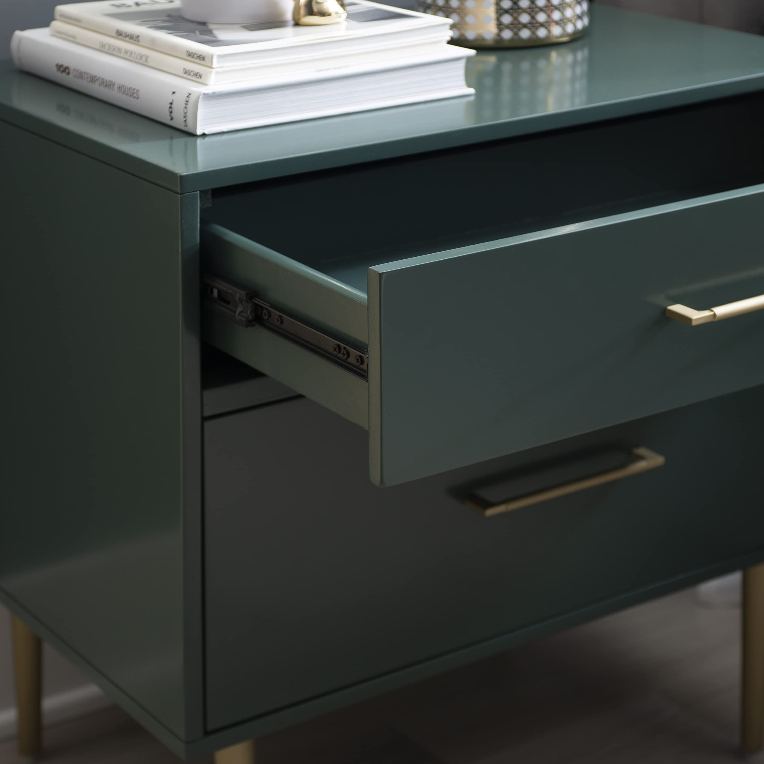 Linon Modern Dark Green Gold Hardware Lennon Two Drawer Nightstand