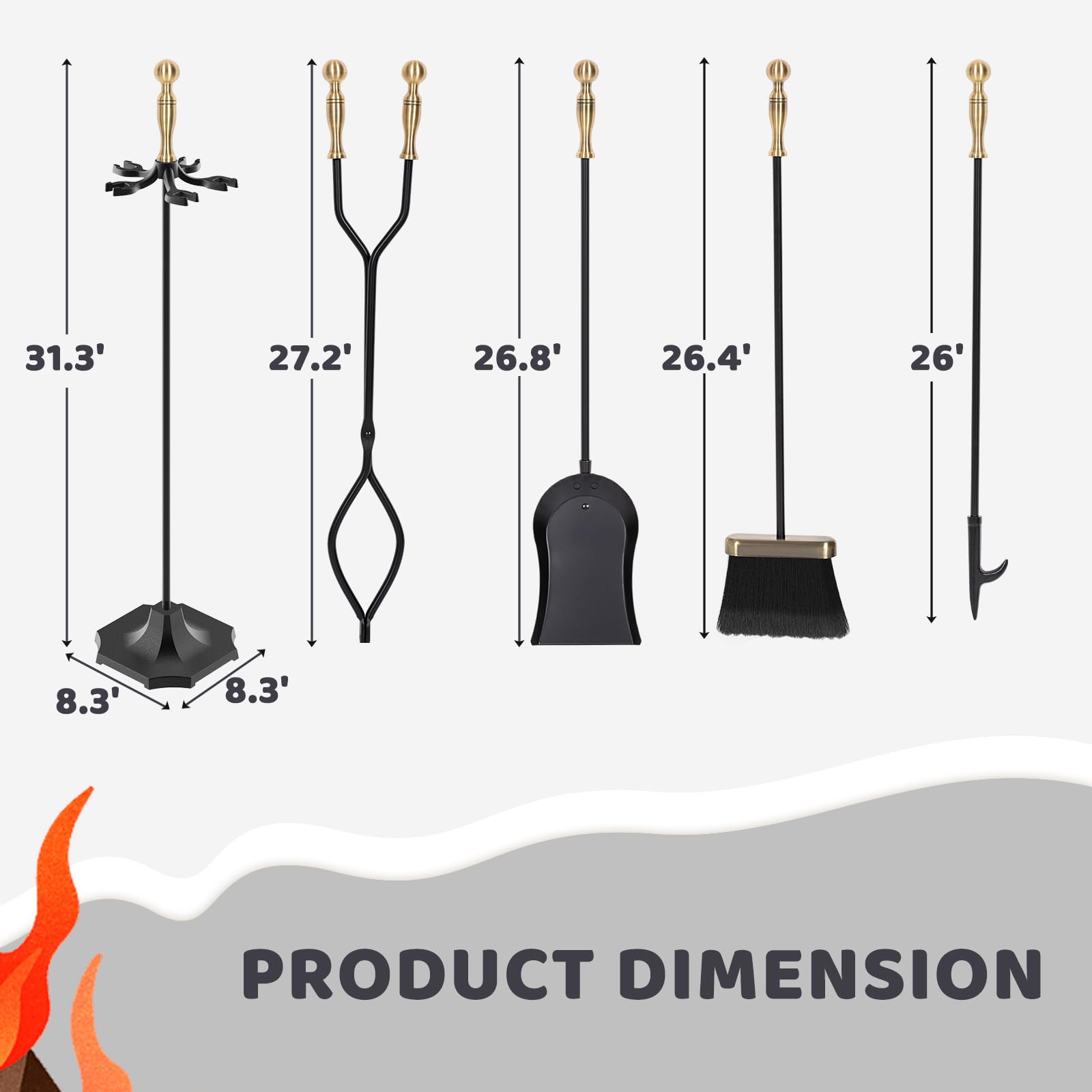 5 Pieces 31In Fireplace Tools Set, Wrought Iron Fireplace Tools with Ergonomic Handle