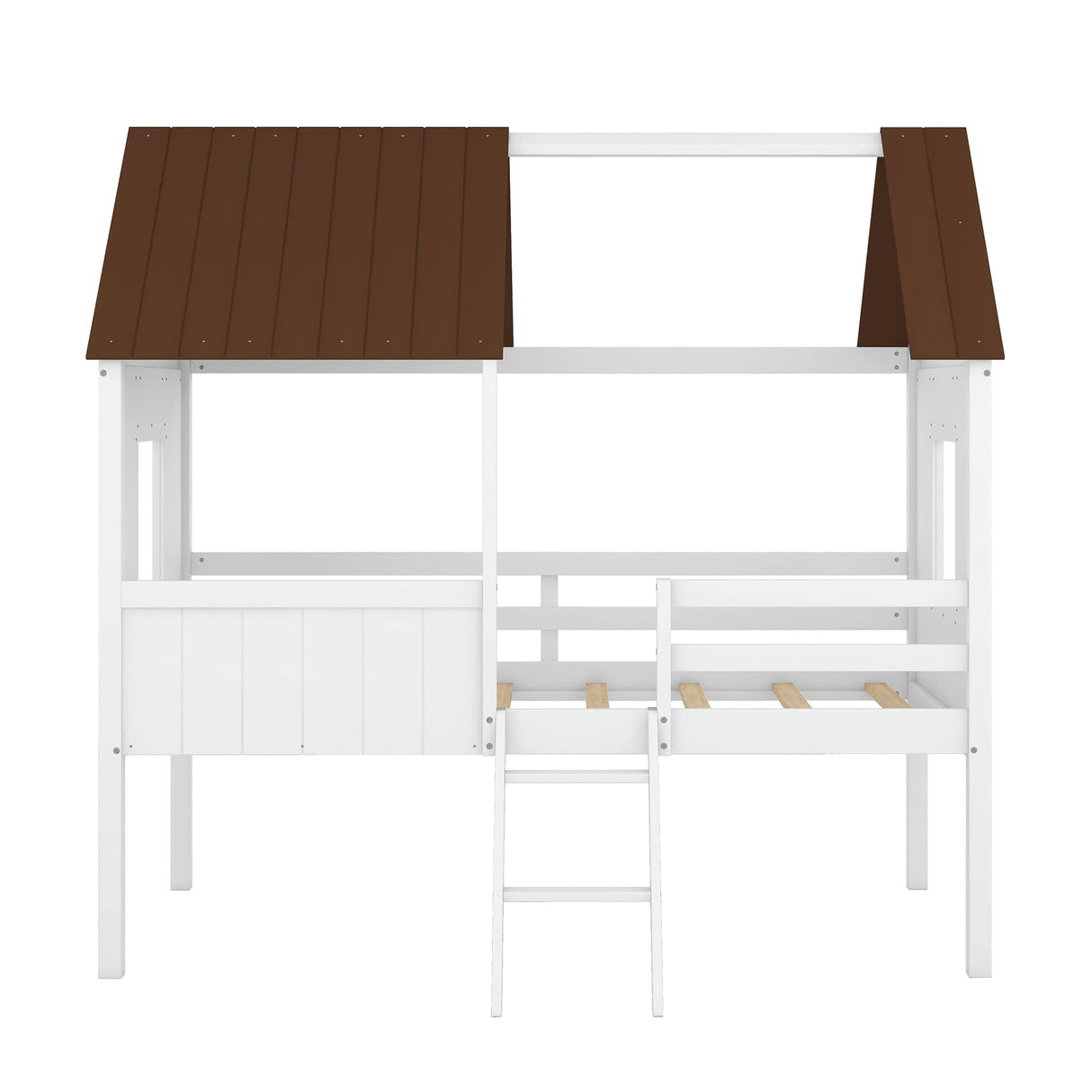 Twin Size Low Loft Bed with House Shape, House Bed with Guardrails and Climbing Ladder