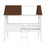 Twin Size Low Loft Bed with House Shape, House Bed with Guardrails and Climbing Ladder