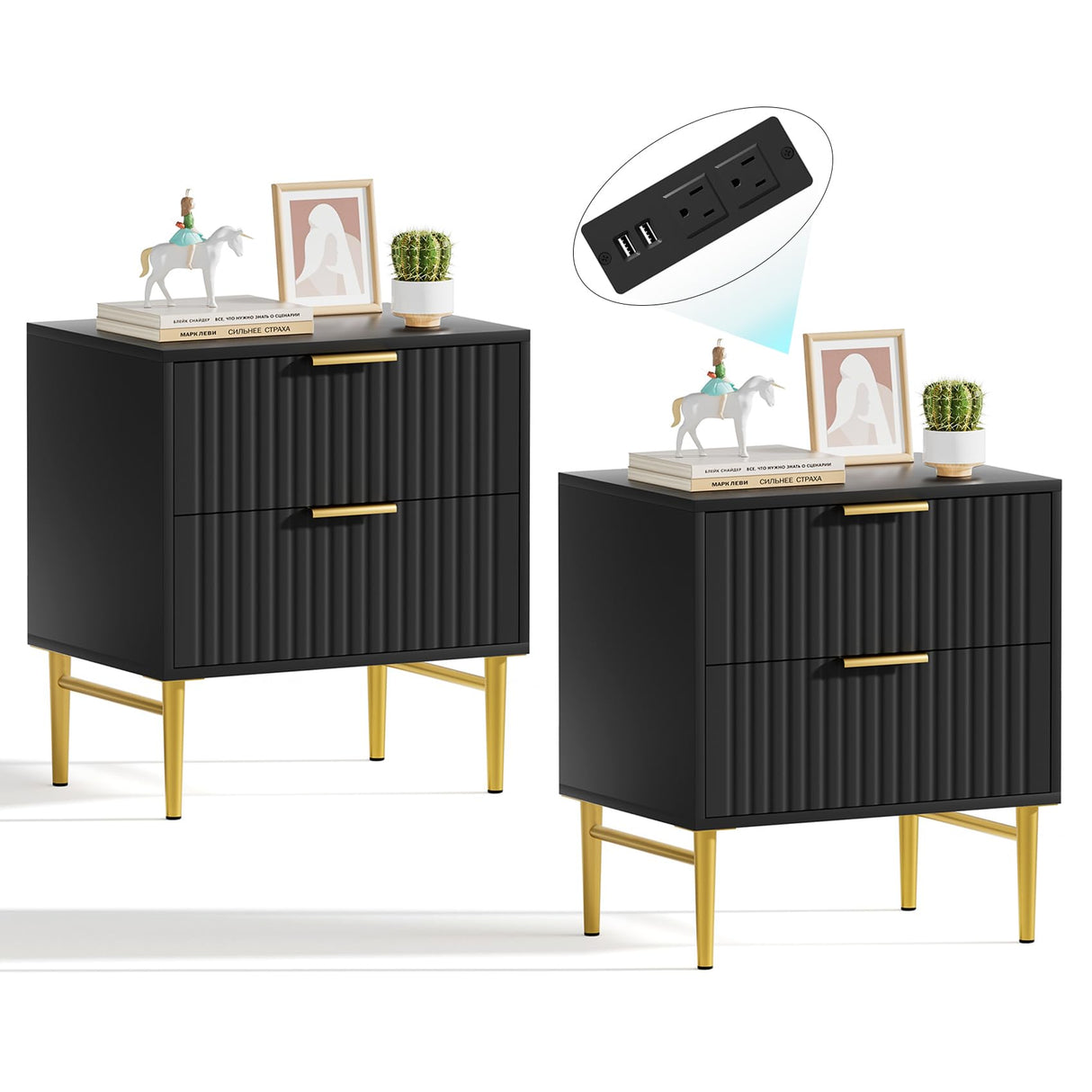Black Nightstand Set of 2 with Charging Station, Fluted Nightstand with Drawers